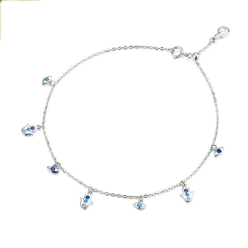 Bijou de cheville en argent avec œil bleu et palmier