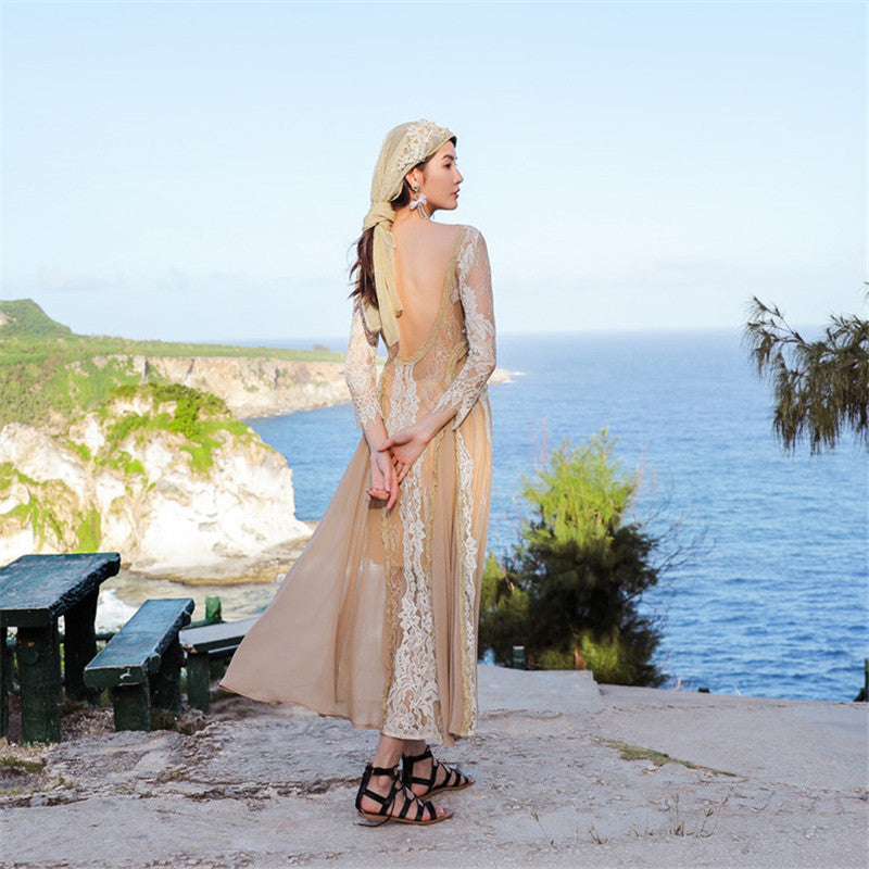 Robe de vacances ethnique à col licou pour femme, jupe longue en mousseline de soie et dentelle, idéale pour les voyages et les photos