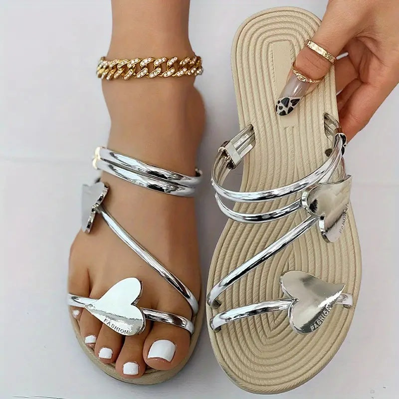 Chaussons d'été plats en forme de cœur pour femmes, chaussures de plage