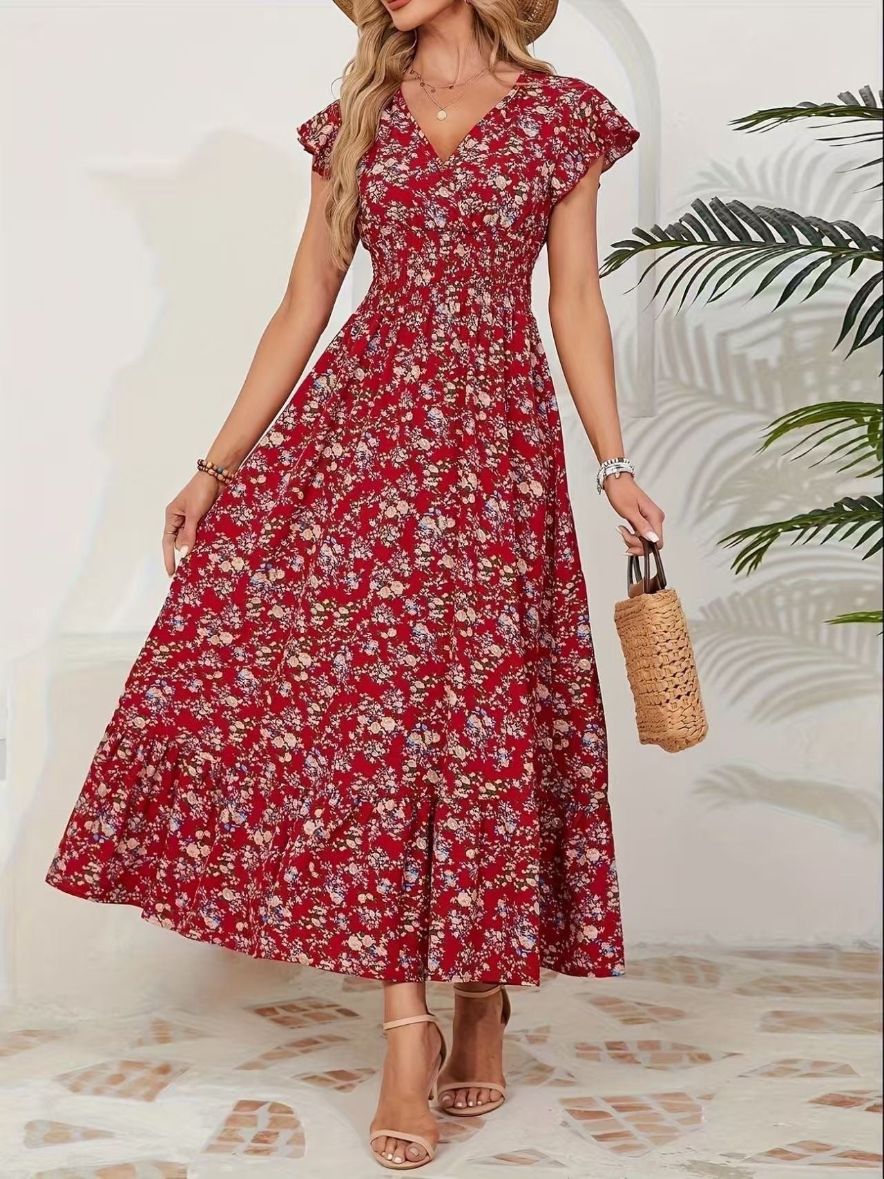 Robe trapèze à manches longues et motif floral tendance