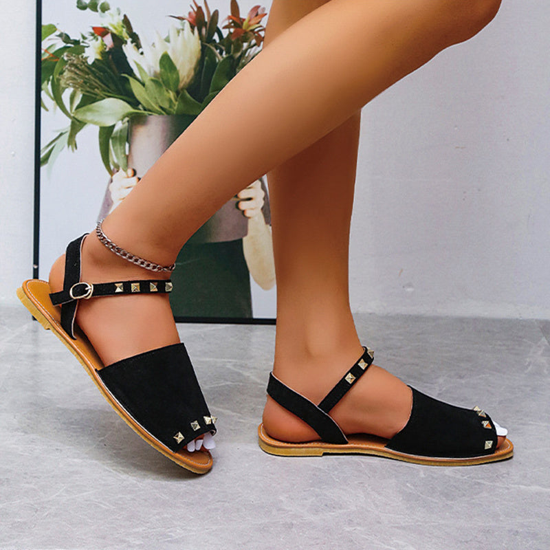 Sandales à rivets pour femmes, chaussures d'été plates à bouche de poisson, chaussures de plage