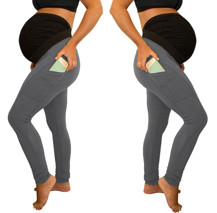 Pantalon de maternité à panneau de couleur pure, taille longue et haute, avec poches latérales
