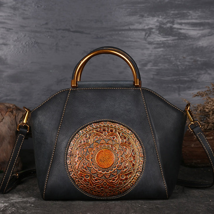 Sac à main rétro en cuir véritable gaufré, sacoche à poignée supérieure, motif totem, peau naturelle de haute qualité, pour femme