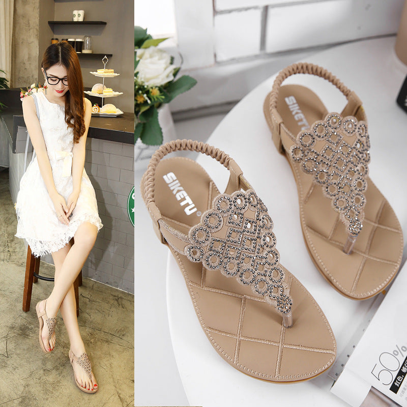 Sandales japonaises d'été pour femmes, chaussures plates brodées avec strass, grande taille