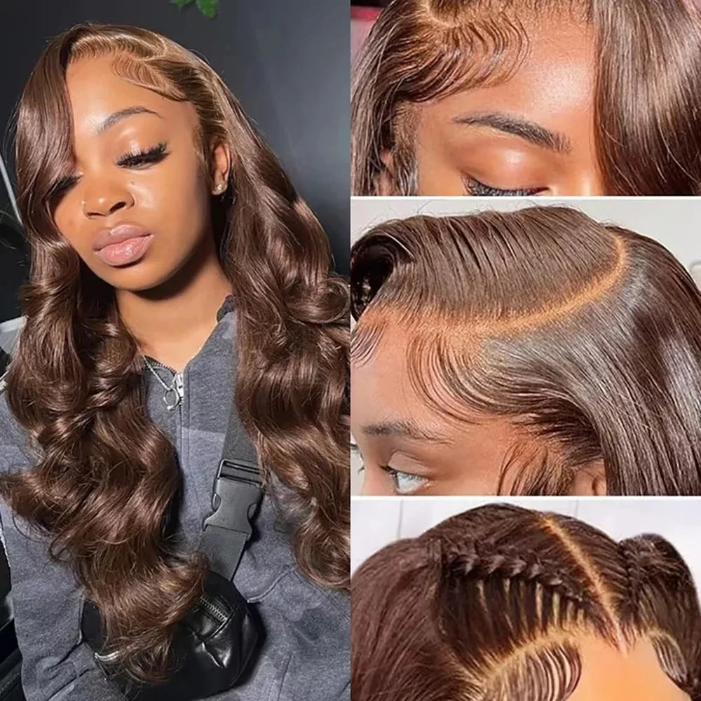 Perruque Body Wave marron chocolat 13x6 transparente avec dentelle frontale 200 % cheveux humains brésiliens pré-épilés pour femmes