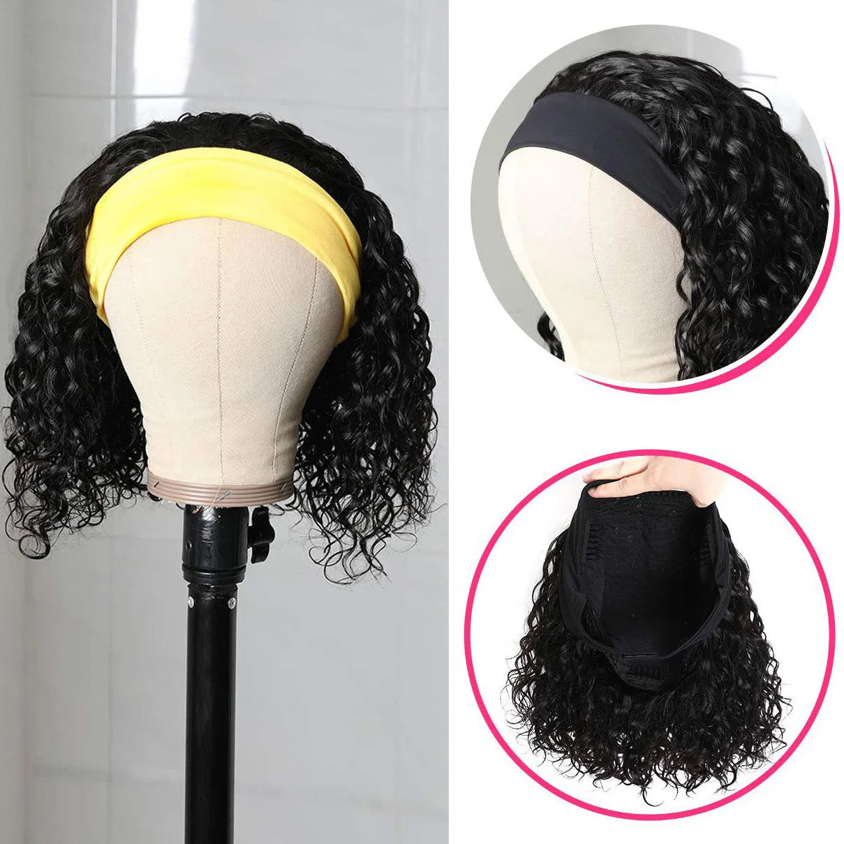 Perruque bandeau ondulée en cheveux humains bouclés pour femmes, 100 % cheveux naturels, perruques Bobo entièrement fabriquées à la machine, cheveux noirs naturels