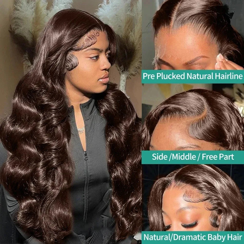 Perruque Body Wave marron chocolat 13x6 transparente avec dentelle frontale 200 % cheveux humains brésiliens pré-épilés pour femmes