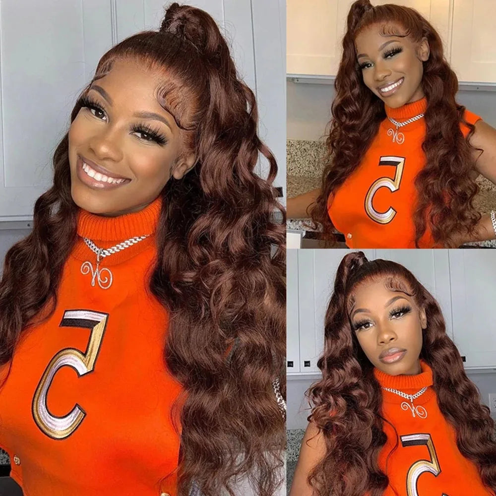 Perruque Body Wave marron chocolat 13x6 transparente avec dentelle frontale 200 % cheveux humains brésiliens pré-épilés pour femmes