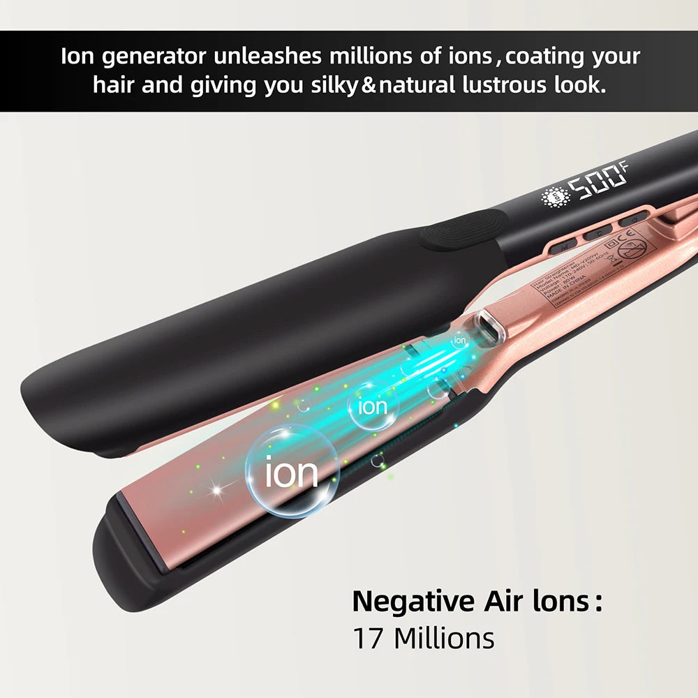 Fer à lisser haute température 500 °F, plaques larges, ions plasma pour le traitement à la kératine, répare les cheveux crépus et abîmés