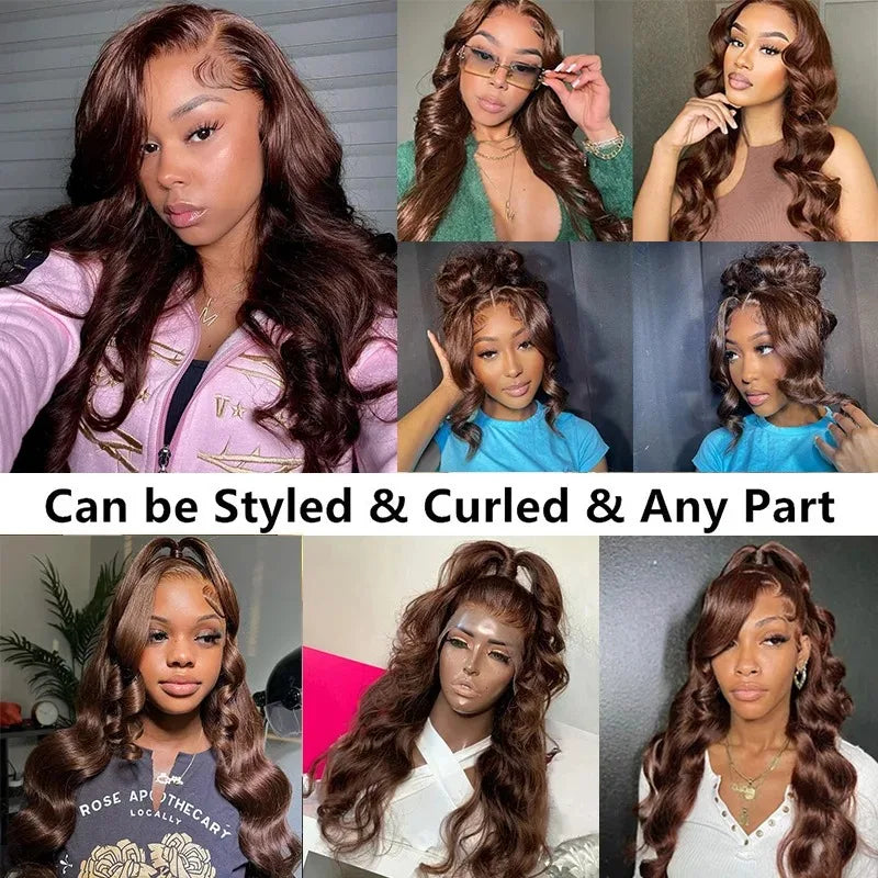 Perruque Body Wave marron chocolat 13x6 transparente avec dentelle frontale 200 % cheveux humains brésiliens pré-épilés pour femmes