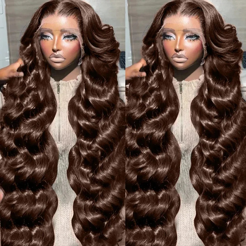 Perruque Body Wave marron chocolat 13x6 transparente avec dentelle frontale 200 % cheveux humains brésiliens pré-épilés pour femmes