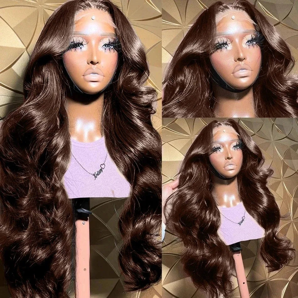 Perruque Body Wave marron chocolat 13x6 transparente avec dentelle frontale 200 % cheveux humains brésiliens pré-épilés pour femmes