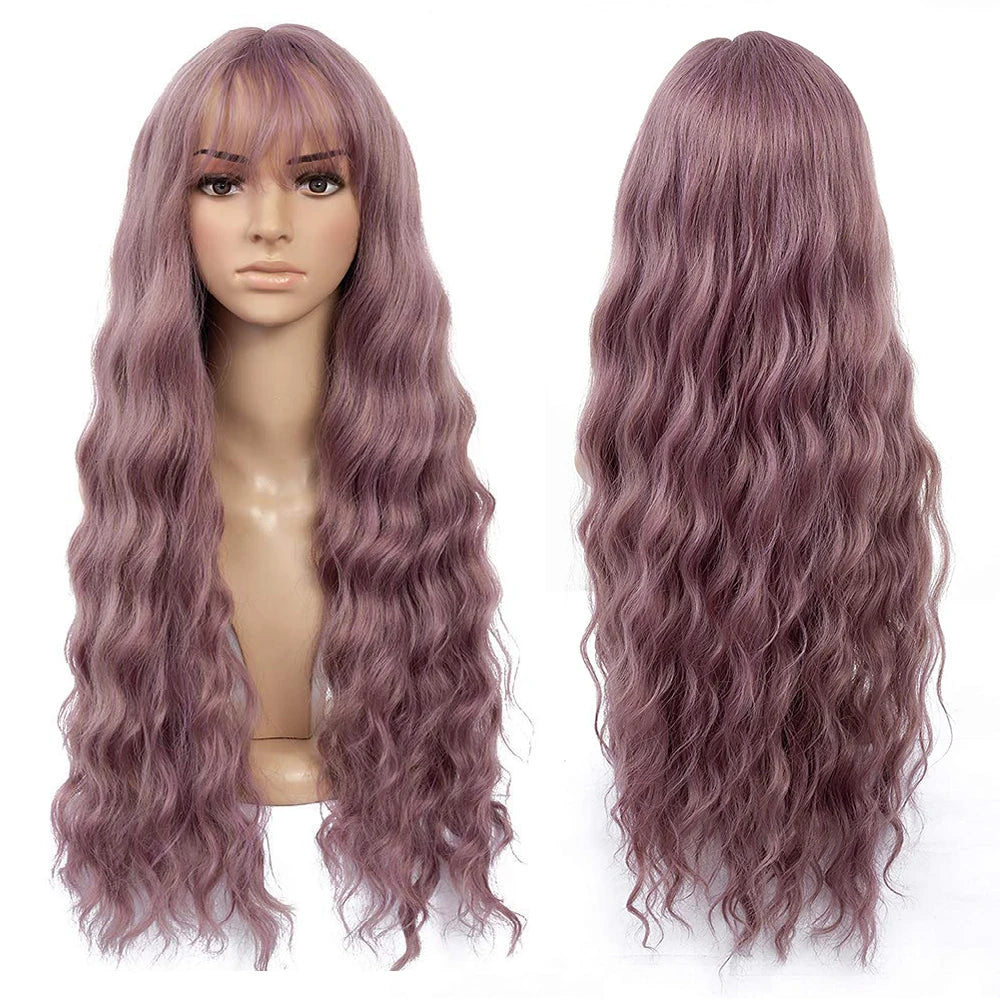 Perruques synthétiques longues Aigemei avec frange, 66 cm, cheveux bouclés ondulés pour femme, fibre haute température, couleur noir et marron