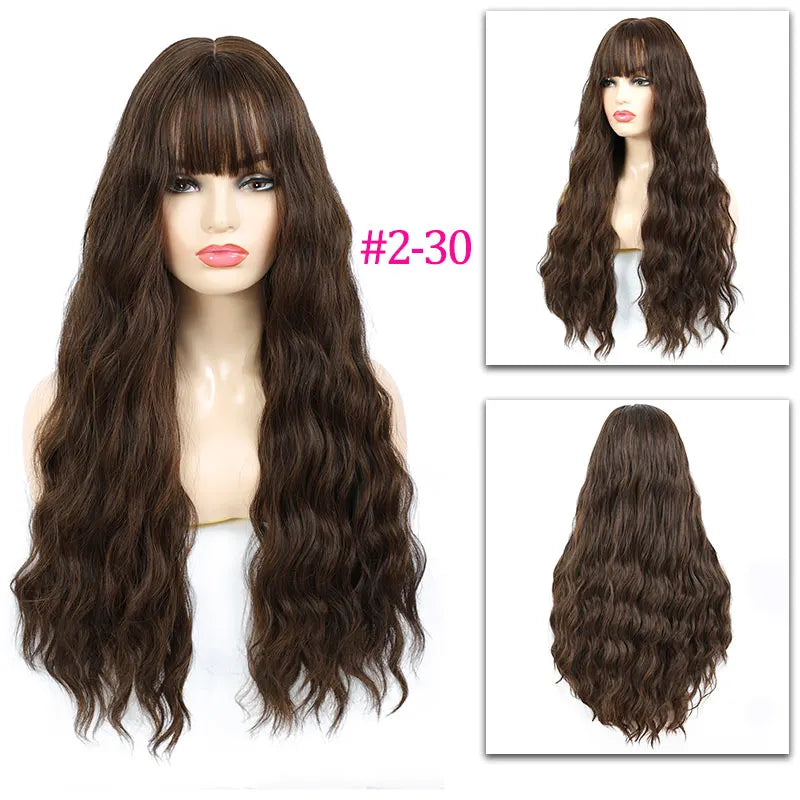 Aigemei – Perruques synthétiques longues avec frange, 66 cm, cheveux bouclés ondulés pour femme, fibre haute température, couleur noir et marron