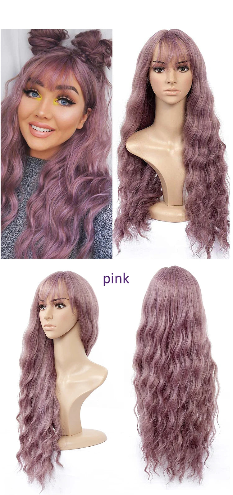 Aigemei – Perruques synthétiques longues avec frange, 66 cm, cheveux bouclés ondulés pour femme, fibre haute température, couleur noir et marron