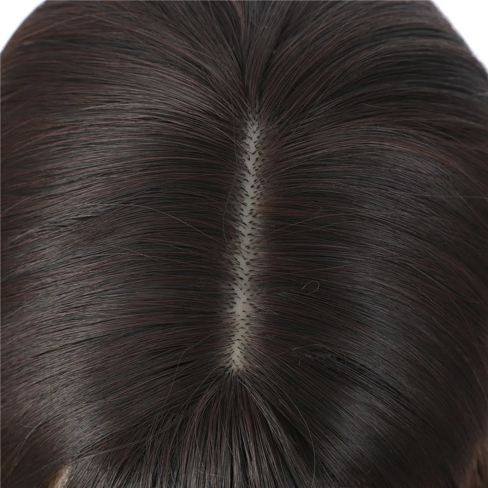 Aigemei – Perruques synthétiques longues avec frange, 66 cm, cheveux bouclés ondulés pour femme, fibre haute température, couleur noir et marron