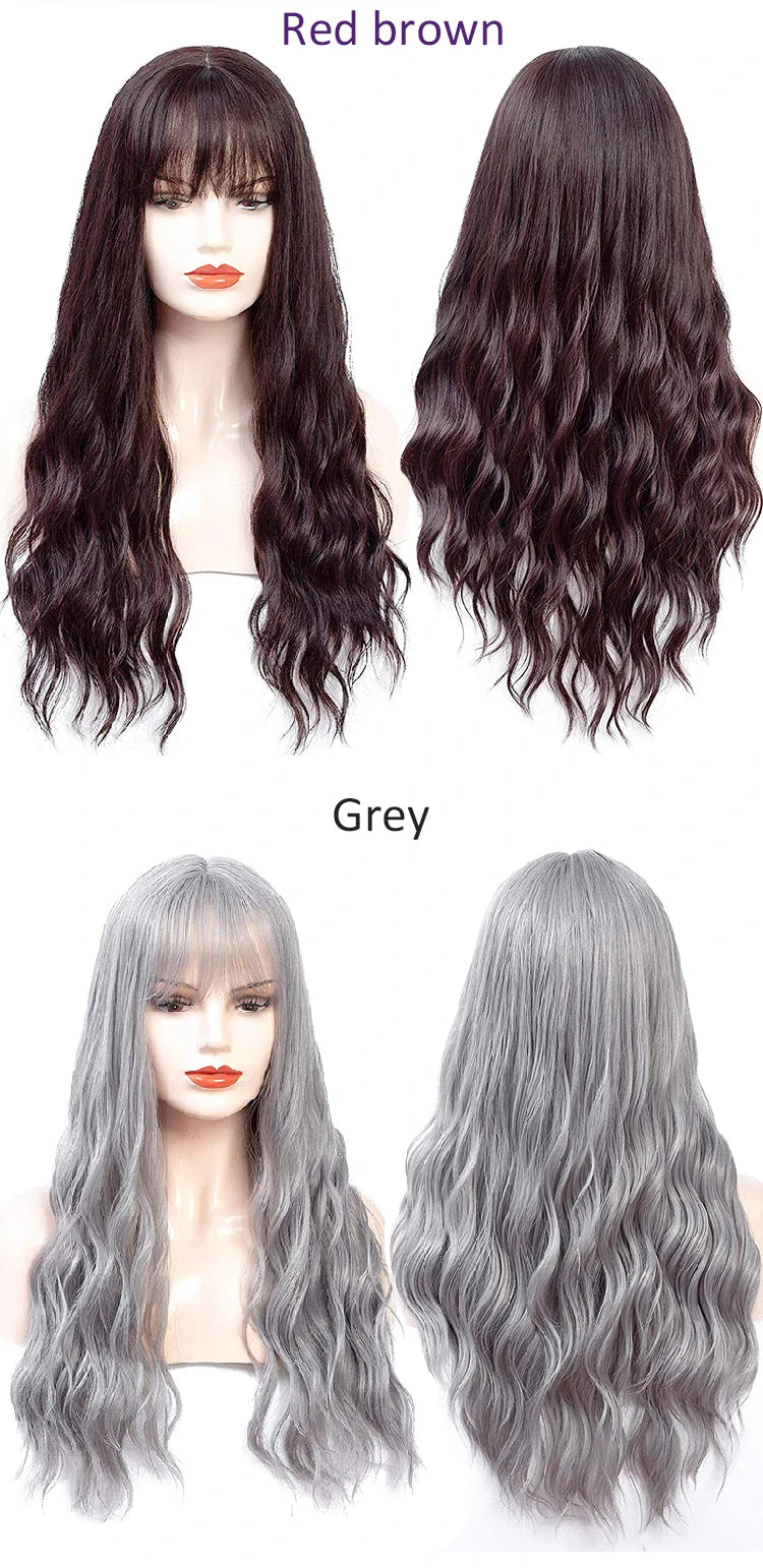 Aigemei – Perruques synthétiques longues avec frange, 66 cm, cheveux bouclés ondulés pour femme, fibre haute température, couleur noir et marron