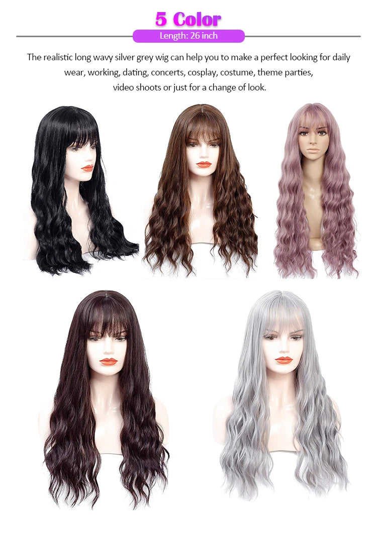 Aigemei – Perruques synthétiques longues avec frange, 66 cm, cheveux bouclés ondulés pour femme, fibre haute température, couleur noir et marron