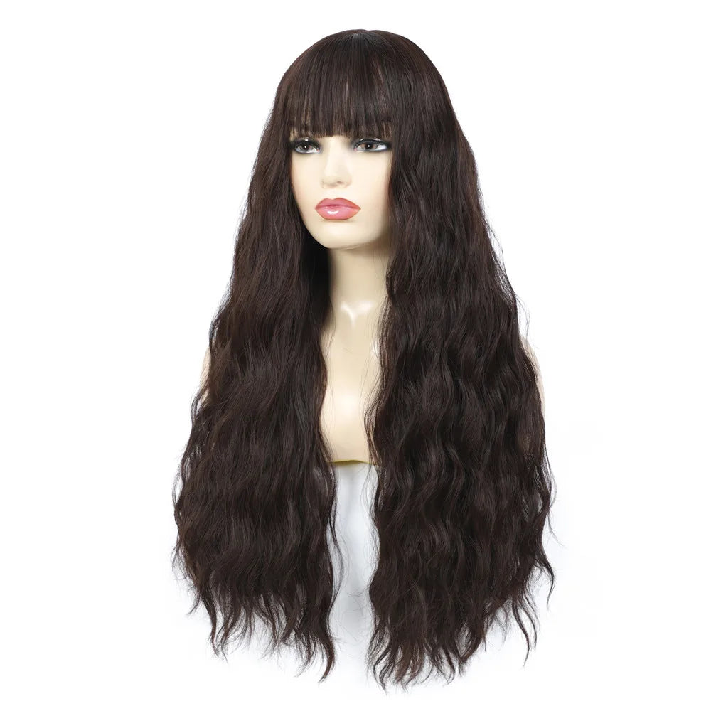 Perruques synthétiques longues Aigemei avec frange, 66 cm, cheveux bouclés ondulés pour femme, fibre haute température, couleur noir et marron
