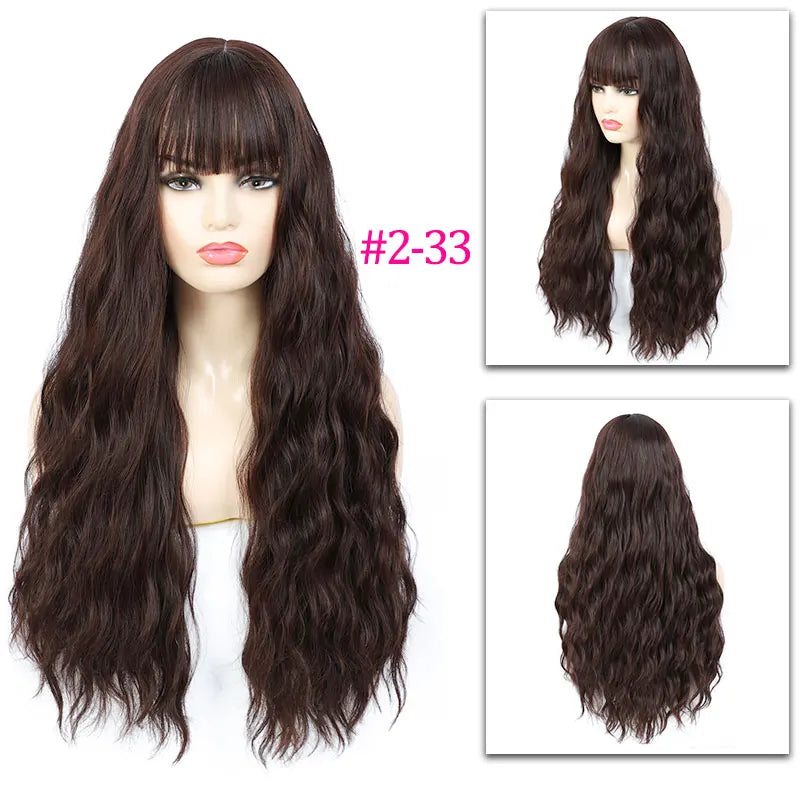 Perruques synthétiques longues Aigemei avec frange, 66 cm, cheveux bouclés ondulés pour femme, fibre haute température, couleur noir et marron
