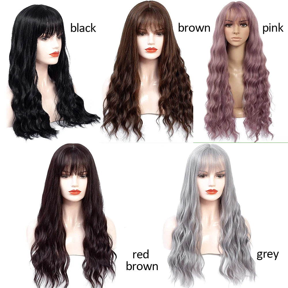 Aigemei – Perruques synthétiques longues avec frange, 66 cm, cheveux bouclés ondulés pour femme, fibre haute température, couleur noir et marron