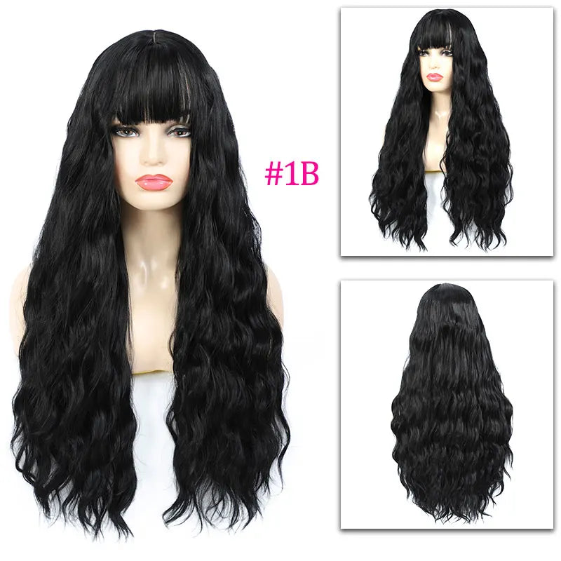Aigemei – Perruques synthétiques longues avec frange, 66 cm, cheveux bouclés ondulés pour femme, fibre haute température, couleur noir et marron