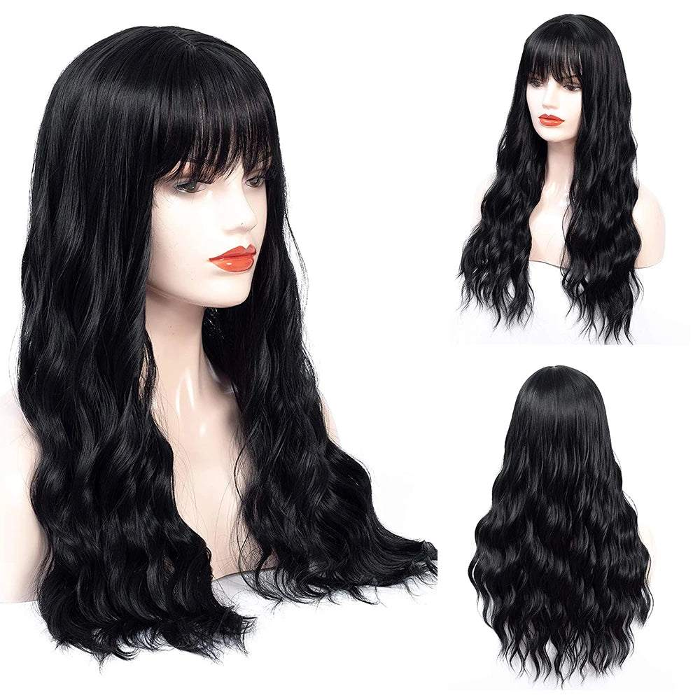 Aigemei – Perruques synthétiques longues avec frange, 66 cm, cheveux bouclés ondulés pour femme, fibre haute température, couleur noir et marron