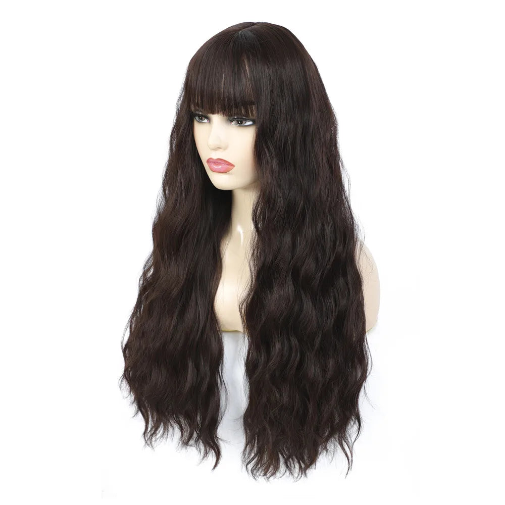 Aigemei – Perruques synthétiques longues avec frange, 66 cm, cheveux bouclés ondulés pour femme, fibre haute température, couleur noir et marron
