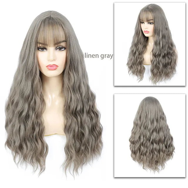Aigemei – Perruques synthétiques longues avec frange, 66 cm, cheveux bouclés ondulés pour femme, fibre haute température, couleur noir et marron