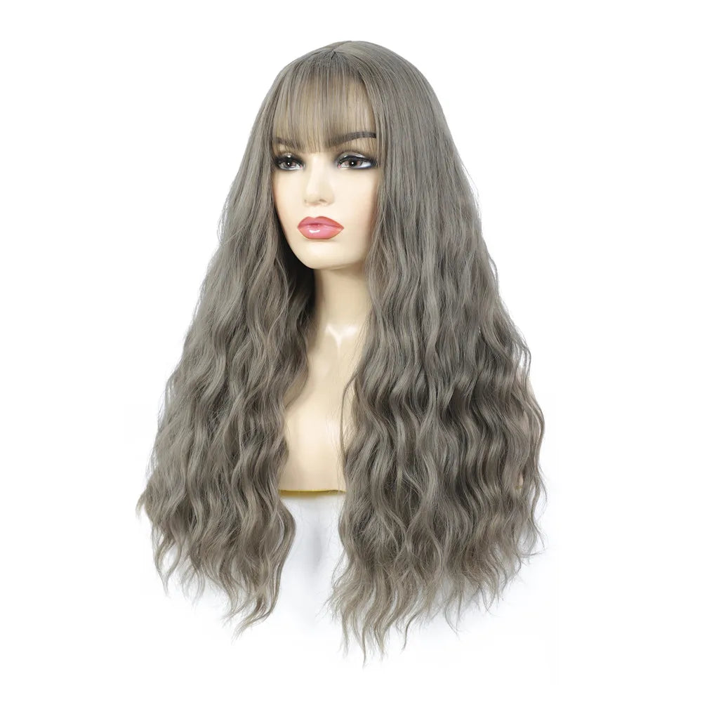 Perruques synthétiques longues Aigemei avec frange, 66 cm, cheveux bouclés ondulés pour femme, fibre haute température, couleur noir et marron