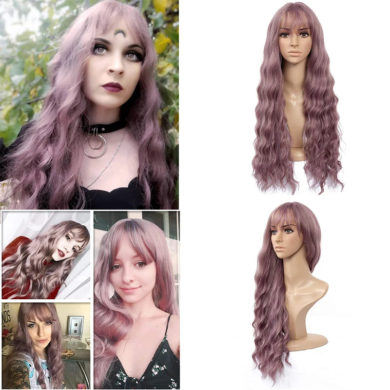 Aigemei – Perruques synthétiques longues avec frange, 66 cm, cheveux bouclés ondulés pour femme, fibre haute température, couleur noir et marron