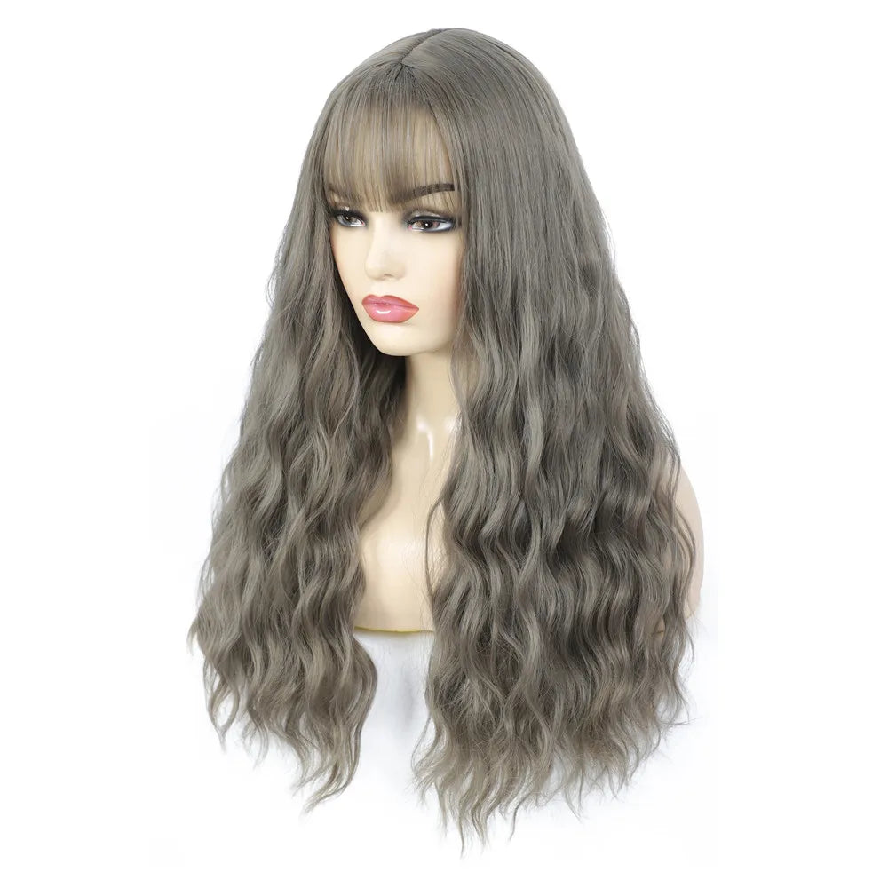 Aigemei – Perruques synthétiques longues avec frange, 66 cm, cheveux bouclés ondulés pour femme, fibre haute température, couleur noir et marron