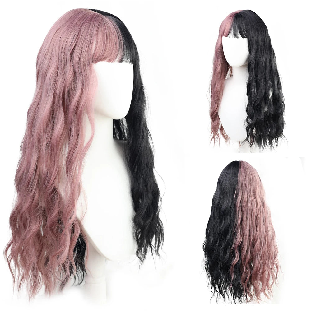Aigemei – Perruques synthétiques longues avec frange, 66 cm, cheveux bouclés ondulés pour femme, fibre haute température, couleur noir et marron