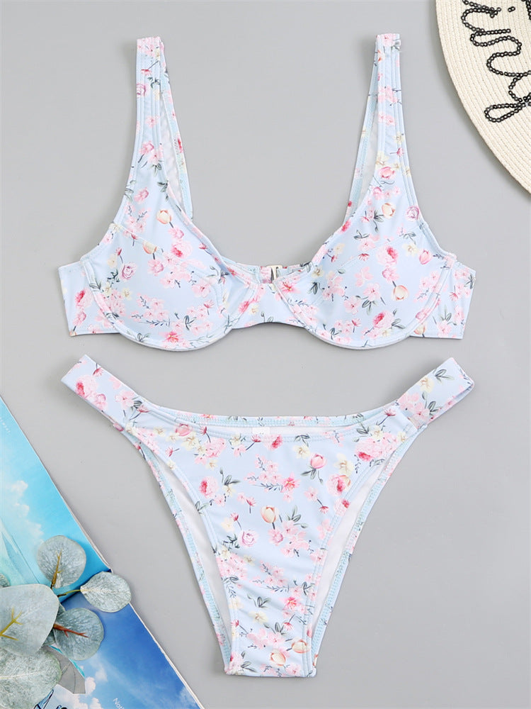 Maillot de bain fendu jaune à fleurs bikini