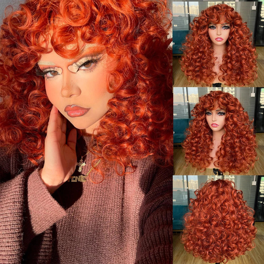 Perruque synthétique longue et bouclée avec frange pour femme, cheveux roux roux, style naturel, résistant à la chaleur, style cosplay, Hihoo