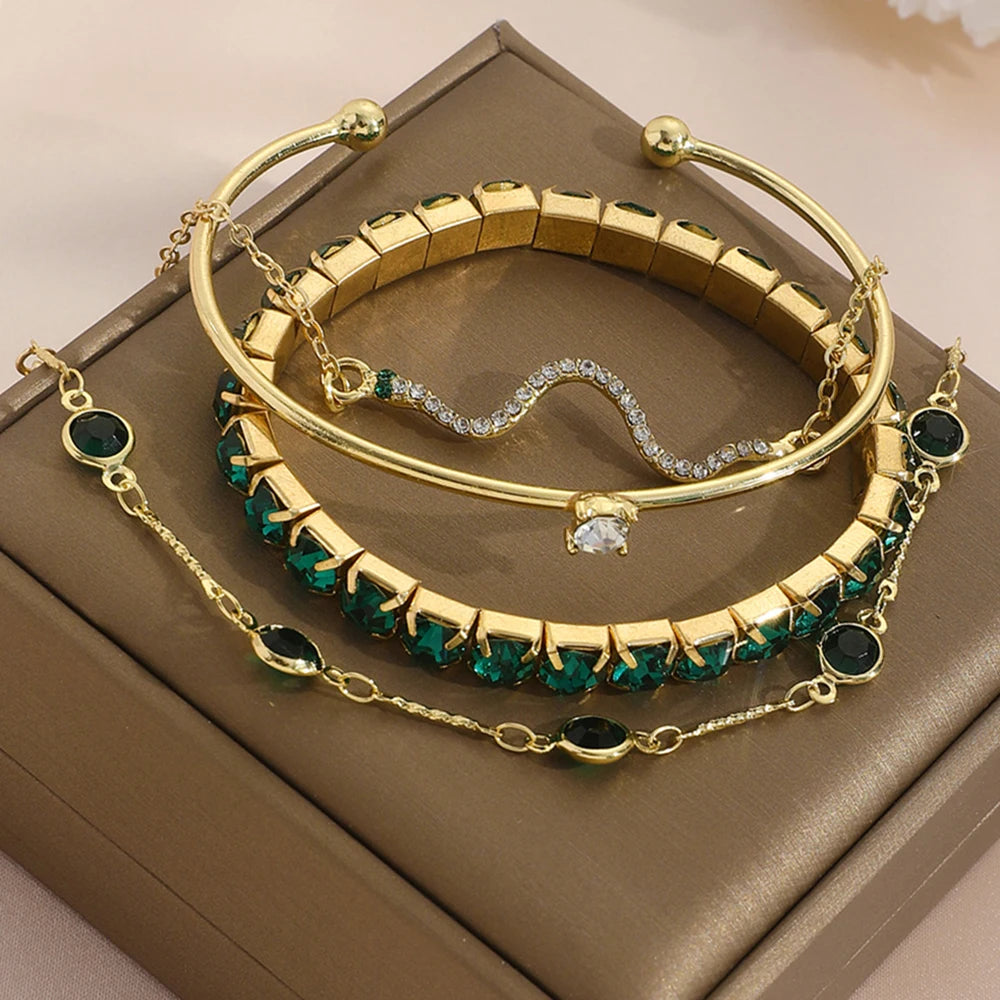Lot de 4 bracelets tendance en métal et strass, imitation serpent, pour femme, idéal comme cadeau d'anniversaire ou de fête