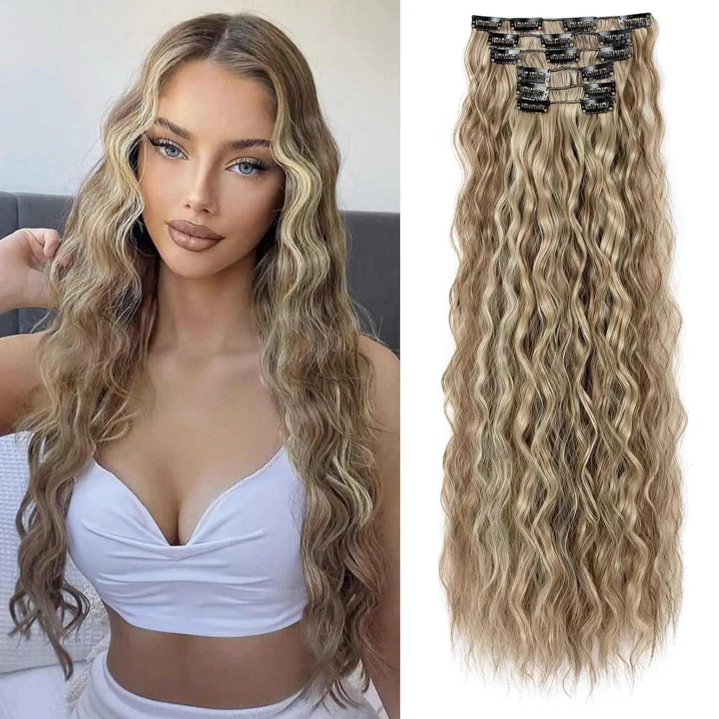 Extensions de cheveux à clipser, 16 clips, 55 cm de long, ondulées, pour femmes, tête complète, synthétiques