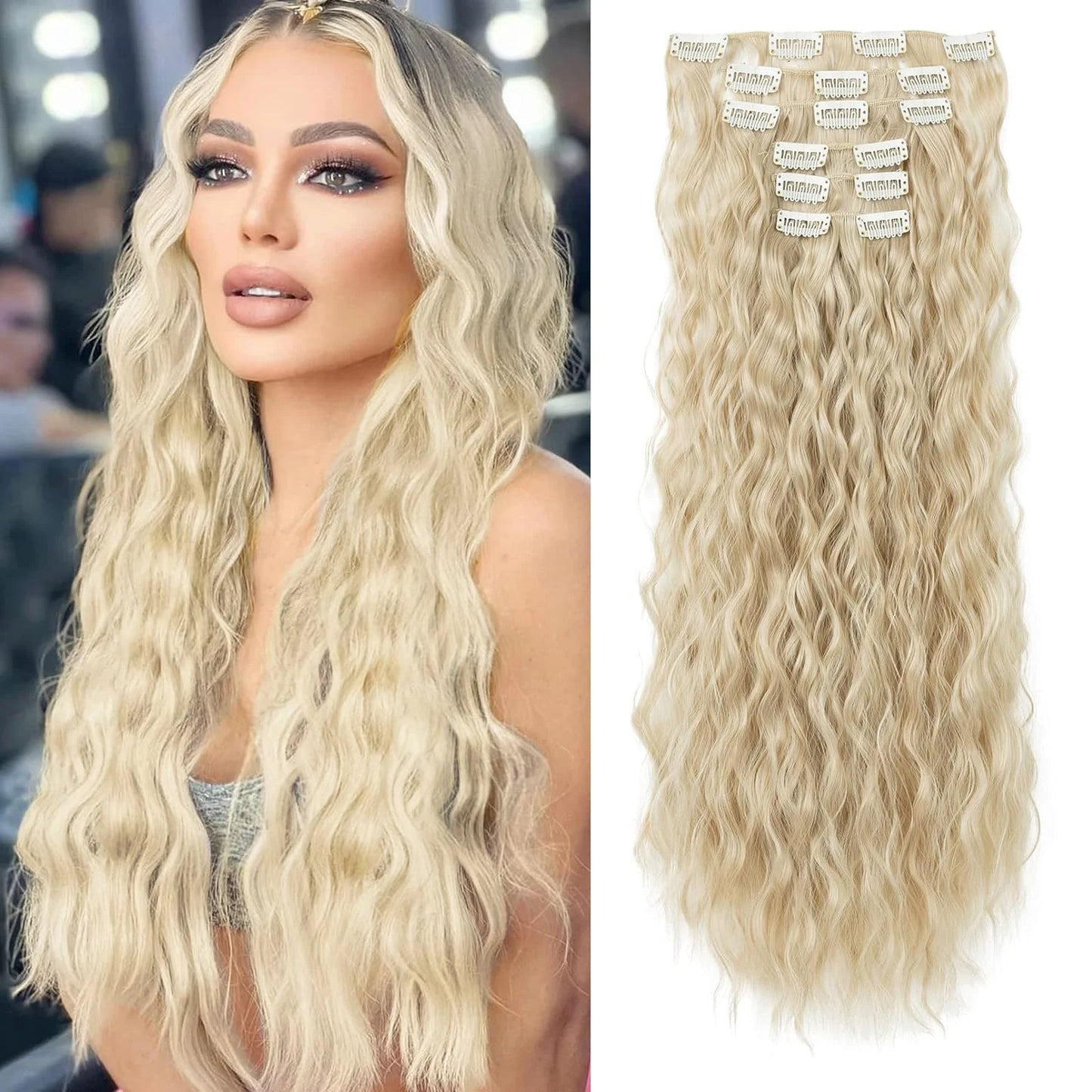Extensions de cheveux à clipser, 16 clips, 55 cm de long, ondulées, pour femmes, tête complète, synthétiques