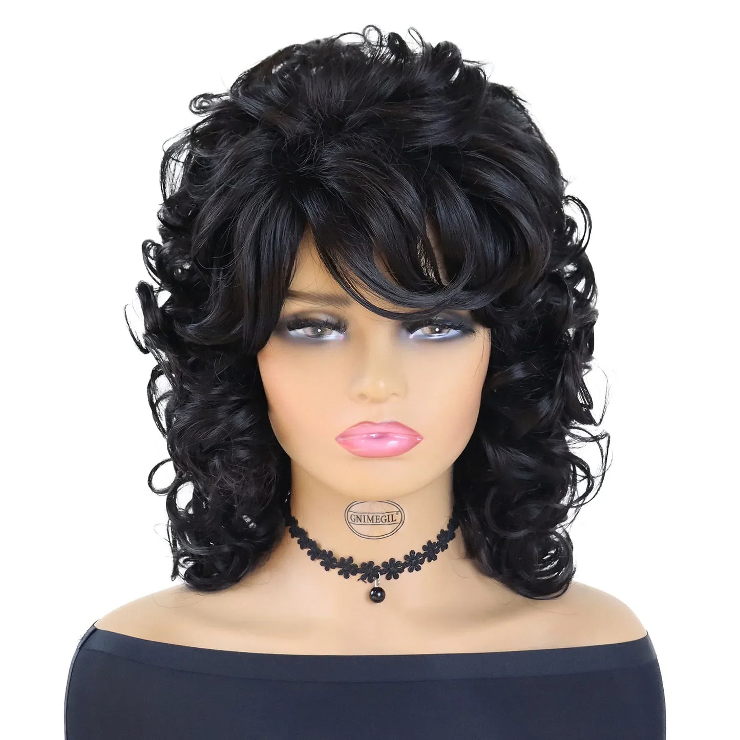 Perruques afro noires synthétiques avec frange pour femmes, perruques naturelles, moelleuses, rebondissantes et bouclées, résistantes à la chaleur, idéales pour un cosplay quotidien ou une fête.