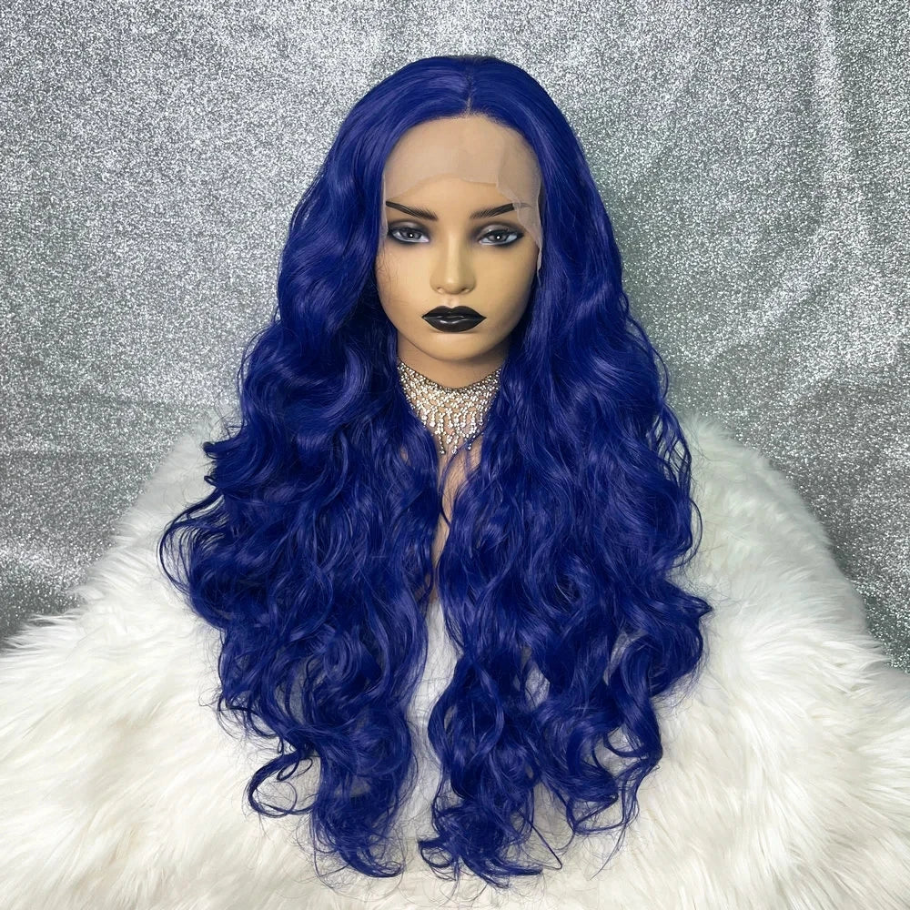 Perruque synthétique bouclée longue bleue, perruque sans colle de haute qualité, perruque frontale en dentelle bleu foncé pour femmes, perruques de cosplay haute densité