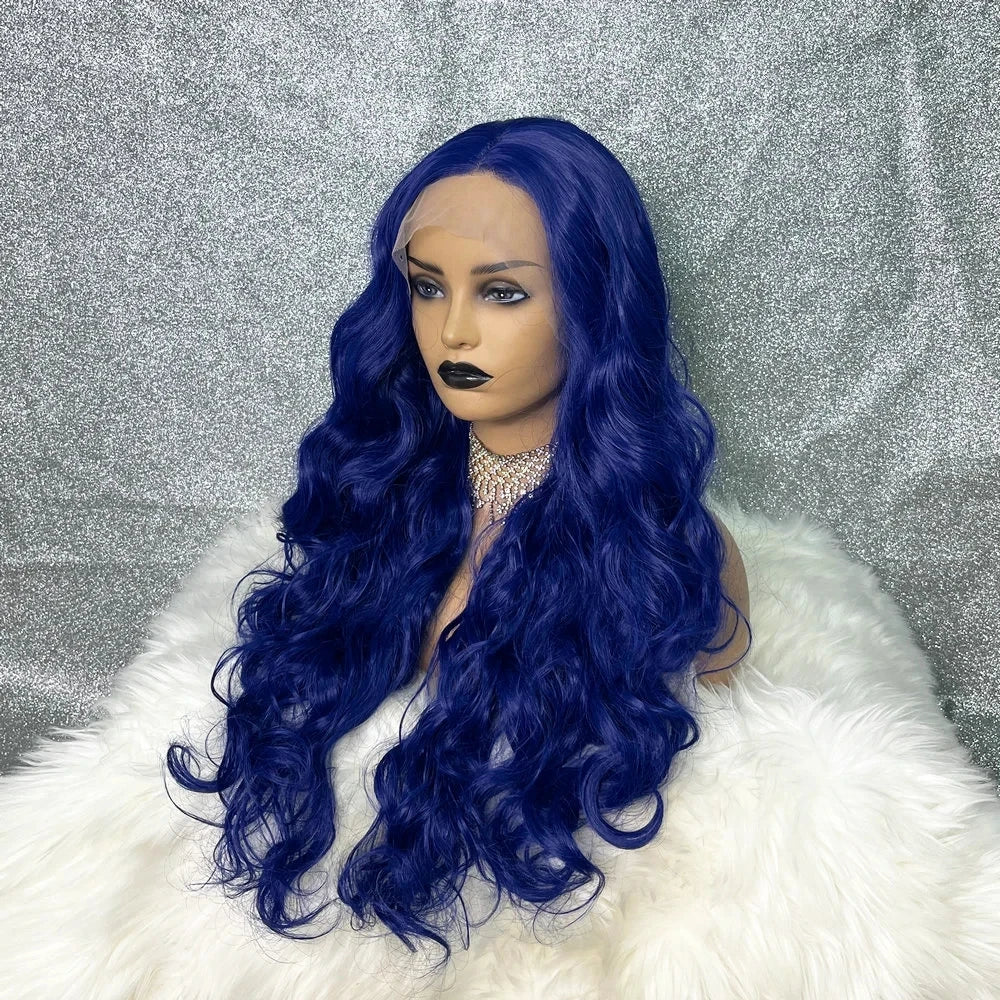 Perruque synthétique bouclée longue bleue, perruque sans colle de haute qualité, perruque frontale en dentelle bleu foncé pour femmes, perruques de cosplay haute densité