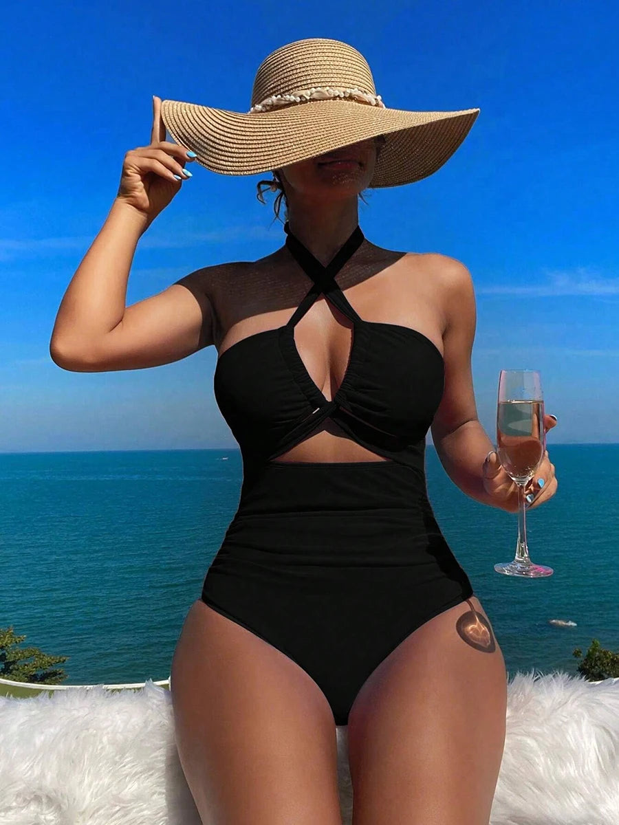 Maillot de bain une pièce à cordon de serrage pour femme, bikini taille haute, bandeau, dos nu, monokini, 2025