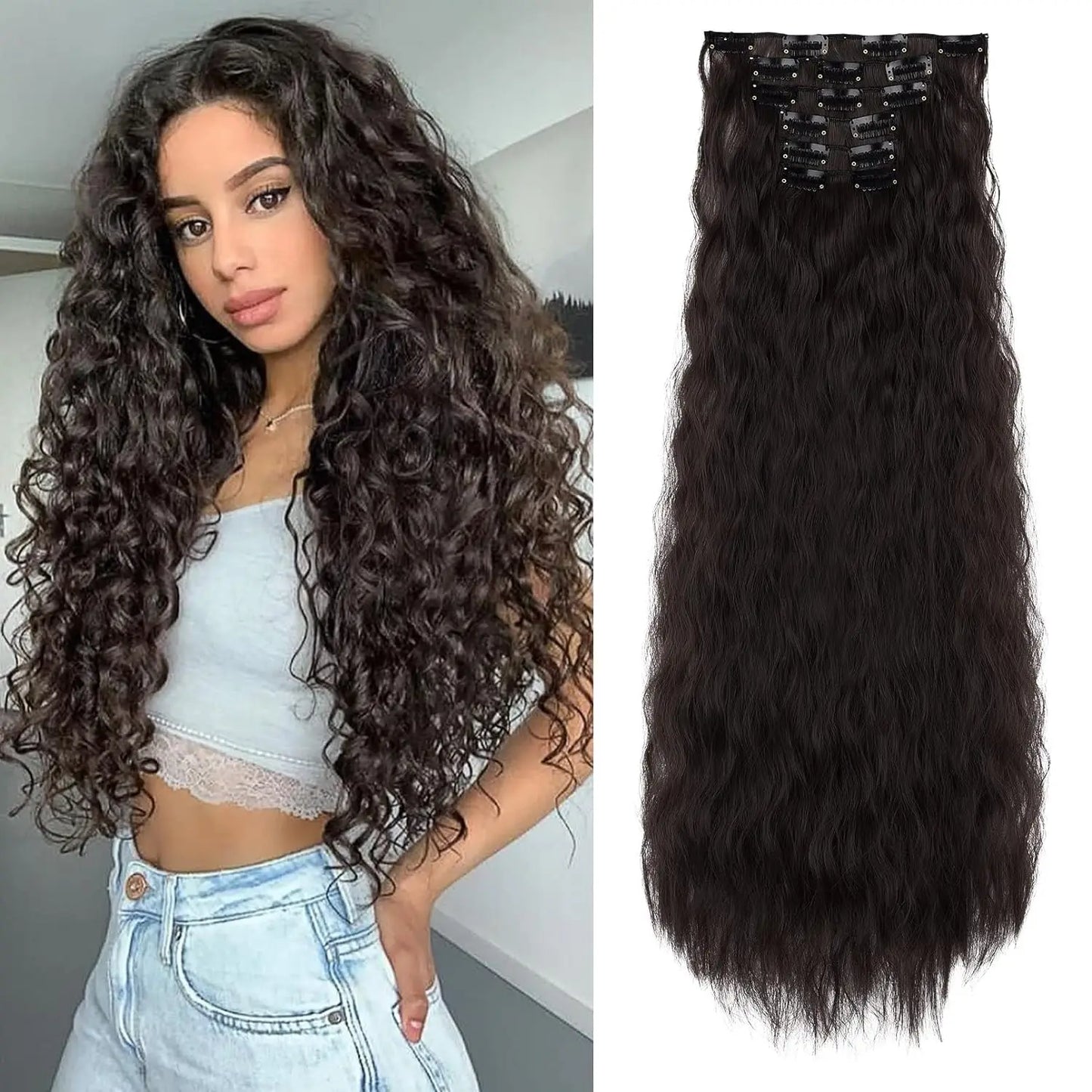 Extensions de cheveux à clipser, 16 clips, 55 cm de long, ondulées, pour femmes, tête complète, synthétiques
