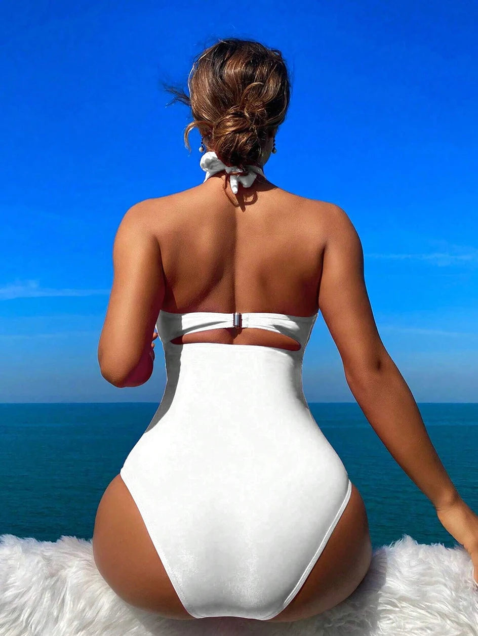 Maillot de bain une pièce à cordon de serrage pour femme, bikini taille haute, bandeau, dos nu, monokini, 2025