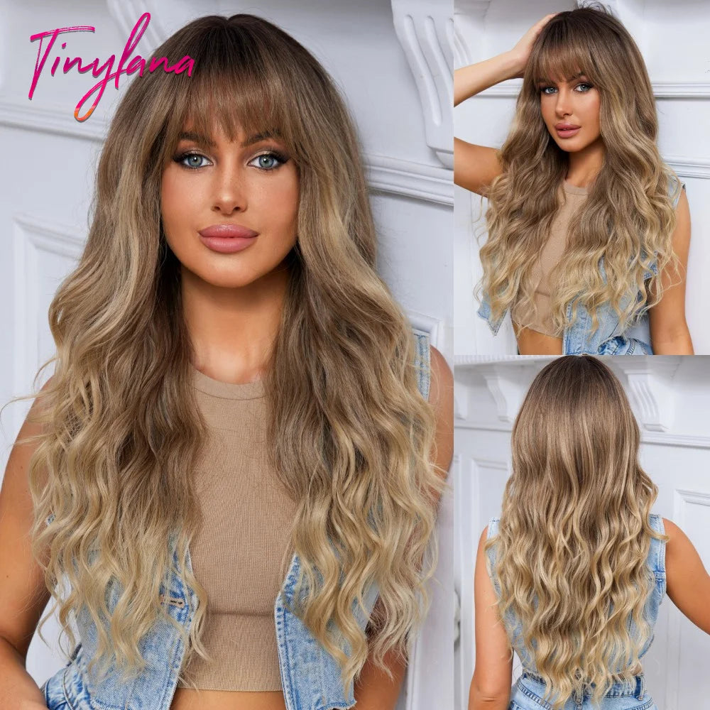 Perruques synthétiques longues bouclées gris cendré platine avec frange pour femmes, perruque afro ondulée profonde, perruque Lolita Cosplay, cheveux naturels résistants à la chaleur