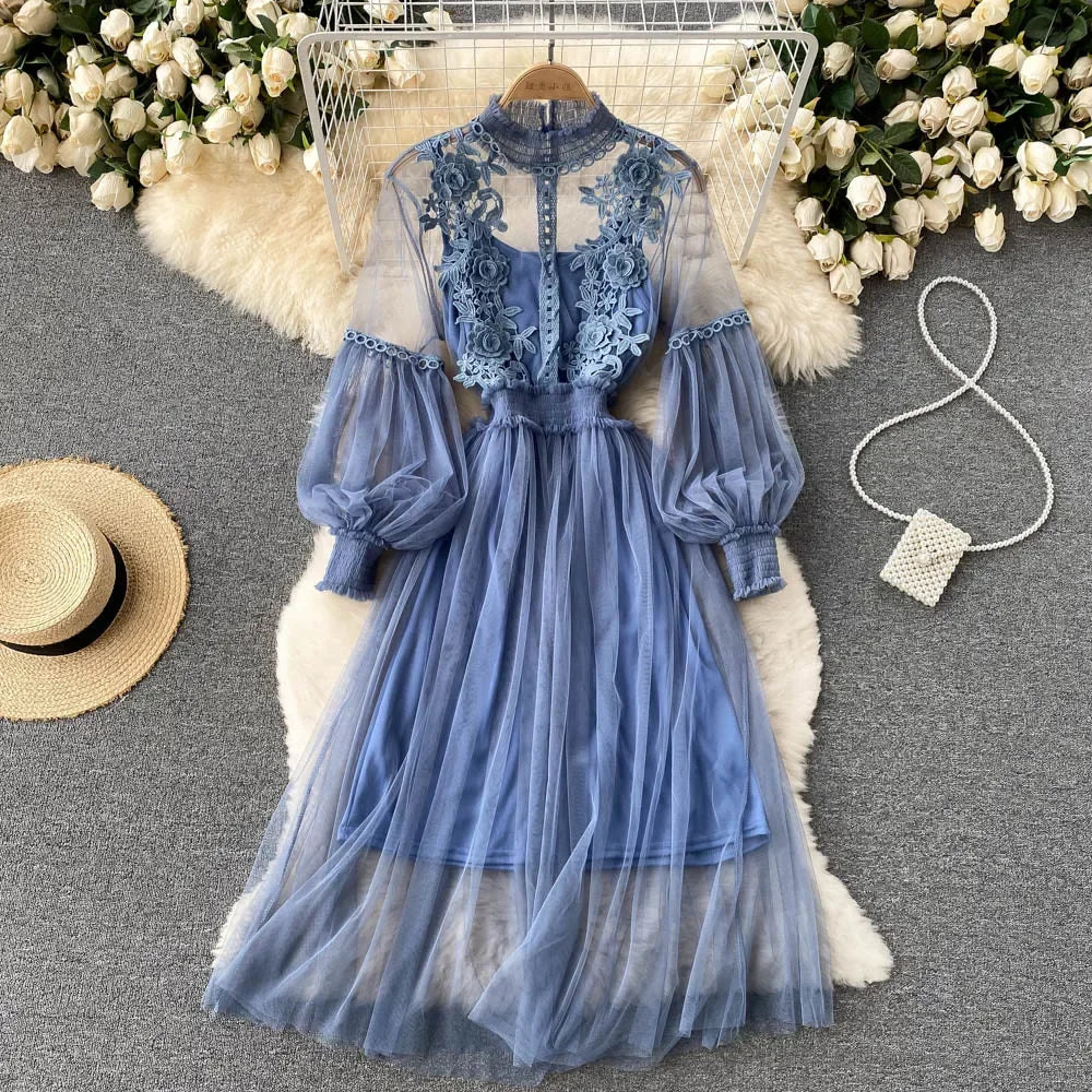 Robe pour femme, motif floral tridimensionnel, col montant, manches lanternes, taille haute, coupe ajustée