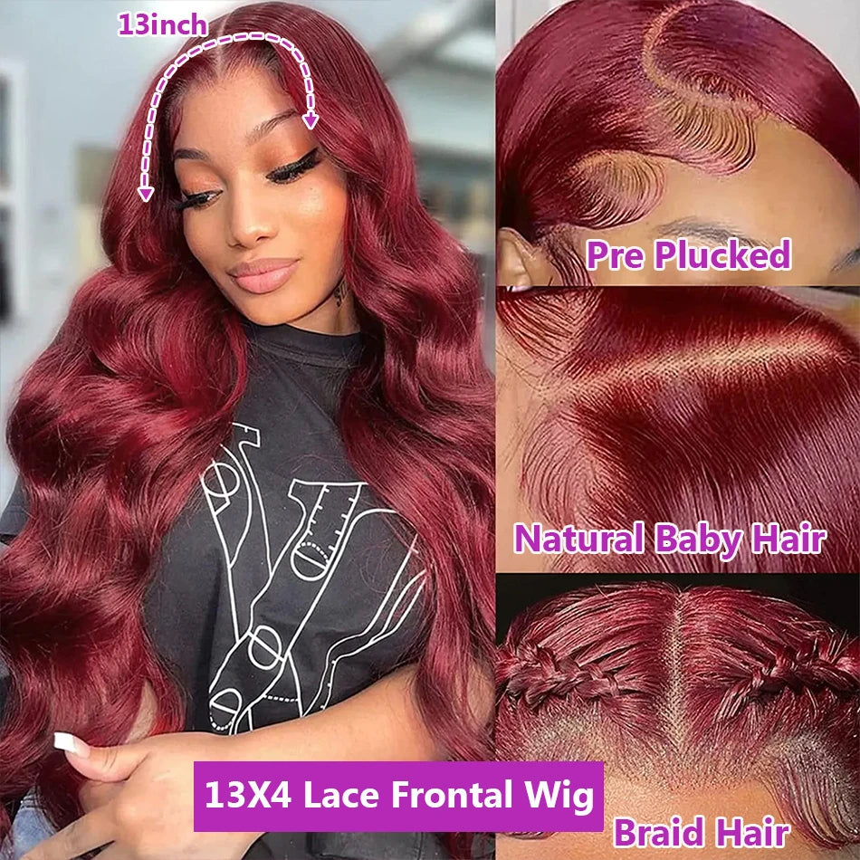 Perruque brésilienne Remy en cheveux humains ondulés bordeaux 99J, 13x6, avec dentelle frontale transparente, couleur rouge, pour femmes