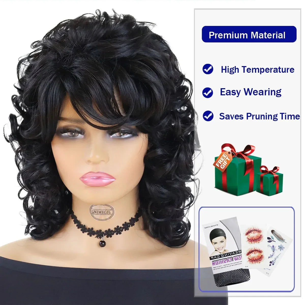 Perruques afro noires synthétiques avec frange pour femmes, perruques naturelles, moelleuses, rebondissantes et bouclées, résistantes à la chaleur, idéales pour un cosplay quotidien ou une fête.