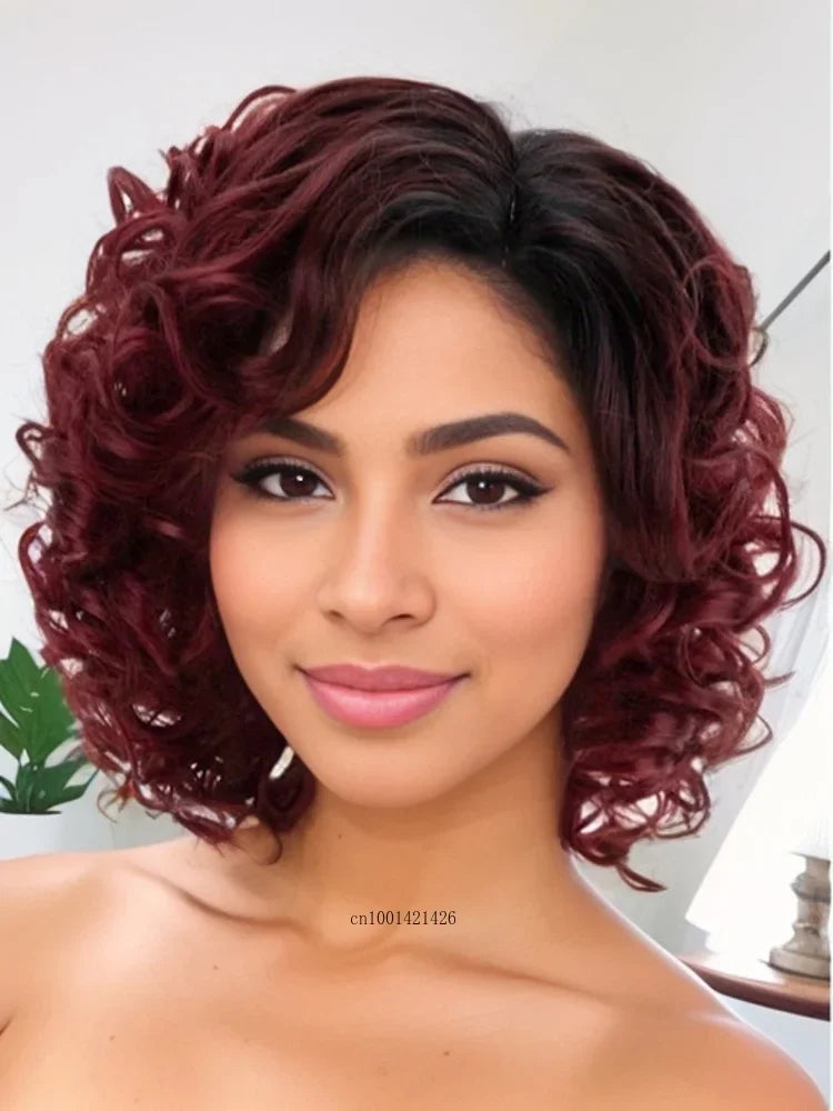 GNIMEGIL Synthetic Hair Afro Wig Kinky Curly Wigs for Black Women Short Hairstyle Wine Red Ombre Wig Dark Root Soft Hair Bob Wig