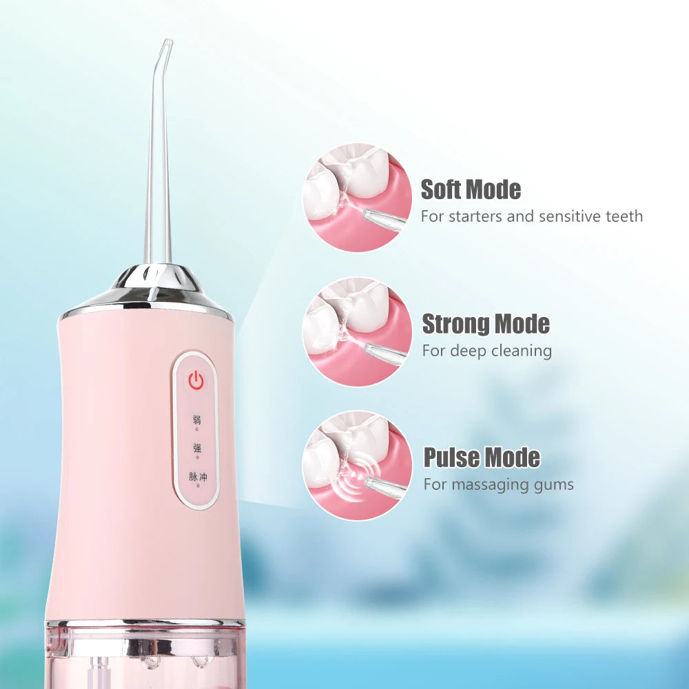 Hydropulseur dentaire portable, rechargeable par USB, 4 jets, 220 ml, 3 modes, IPX7, 1 400 tr/min